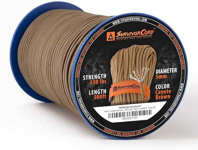 TITAN Survival Patented Paracord 550 - 25ft, 100ft, 500ft & Color Options - 620LB Strength Survival Paracord Military Spec with 3 Strands - Heavy Duty Hank Cord for Camping & Outdoors with Firestarter