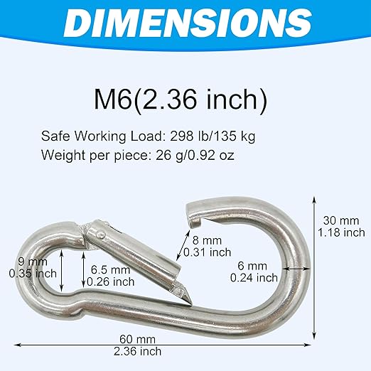 304 Stainless Steel Carabiners -2.36 inch Heavy Duty, Durable & Rust-Free Clips for Gym, Swing, Dog Leashes, Hammocks, Keychains, and More(304,M6,Pack of 6)