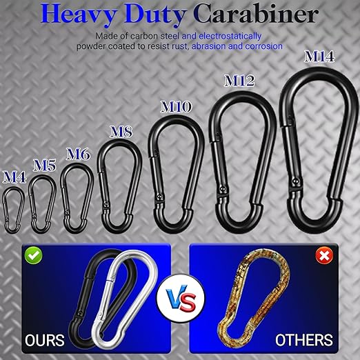 5 Pack 3.9" Heavy Duty Carabiner Clips, M10 Black Galvanized Steel Spring Snap Hooks, Rust-Resistant Keychain Clips for Hammock, Camping, Hiking, Fishing, Swing Set