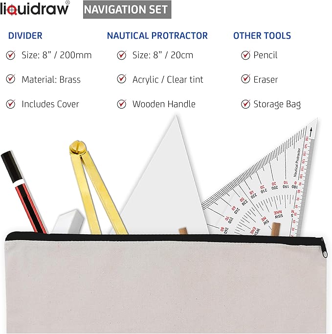 Liquidraw Marine Navigation Divider Universal Nautical Protractor Set Square Set of 6 | Triangle Ruler & Brass Divider | Essential For Sailing, Accurate Navigational Plotting & Portland Course Plotter