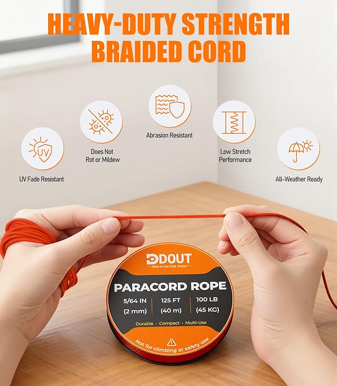 DDOUT 2mm Paracord 100lb, Thin Micro Paracord Rope, Orange 125FT Nylon Cord for Crafting, DIY Projects, Fishing, Camping & Outdoor
