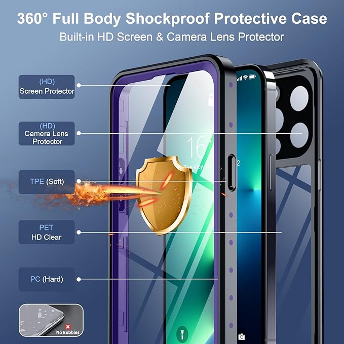 SPIDERCASE for iPhone 13 Pro Case Waterproof, Built-in Lens & Screen Protector, Full Heavy Duty Protection, 12FT Military Shockproof, Dustproof, Anti-Scratched Phone Case,Purple