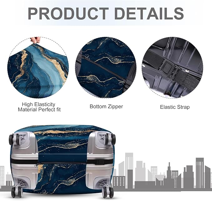 ANNA QUEEN Blue Marble Luggage Cover, Modern Gold Vein Abstract Design Suitcase Protector, Washable Stretchable Travel Sleeve for 24-26 Inch Luggage
