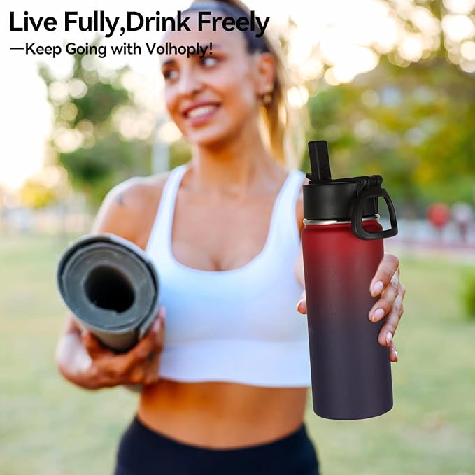Volhoply 18oz Insulated Water Bottle Bulk 2 Pack,Kids Stainless Steel Water Bottles with Straw Lid,Double Wall Vacuum Reusable Metal Cups,Wide Mouth Sports Flask Keep Hot and Cold(Red Purple,2 Set)