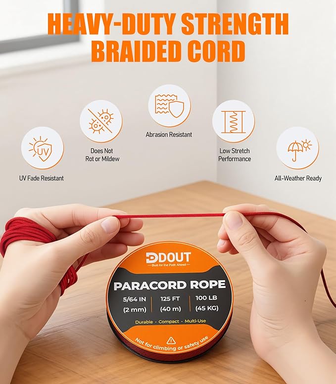 DDOUT 2mm Paracord 100lb, Thin Micro Paracord Rope, Red 125FT Nylon Cord for Crafting, DIY Projects, Fishing, Camping & Outdoor