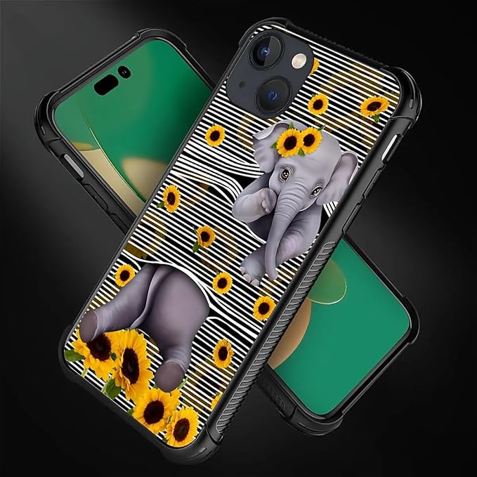for iPhone 14 Plus Case, Cute Little Elephant Sunflower White Line Art Pattern Made of Soft Silicone Hard Acrylic Shock Protection for iPhone 14 Plus