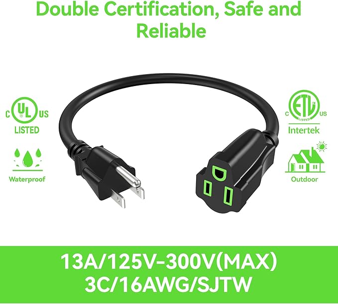 Power Extension Cord 20FT, 3 Prong Grounded Electric Extension Cable Outlet Saver, Single Outlet, Outside, Heavy Duty, Waterproof, Flexible, 16AWG, SJTW, 13A 125V, Outdoor & Indoor Power Wire (Black)
