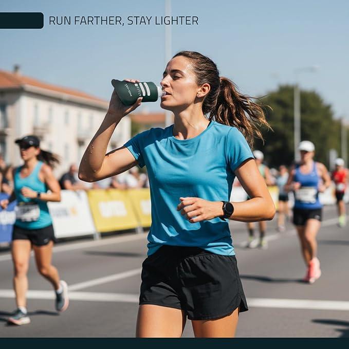 FITLY Soft Flask - Shrink As You Drink Soft Water Bottle for Hydration Pack - Folding Water Bottle Ideal for Running, Hiking, Cycling, Climbing & Rigorous Activity- 5 oz Petrol Blue