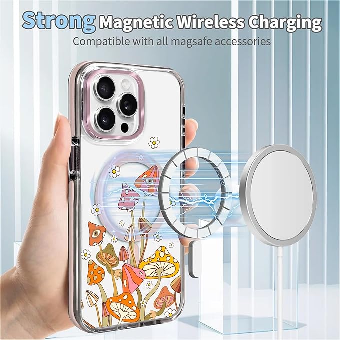 Case for iPhone 15 Pro Max,[Compatible with MagSafe],Retro Mushroom Sunflower Phone Case Design，for Women Girls Magnetic Clear Cover - Slim, Sleek, & Shockproof Protection