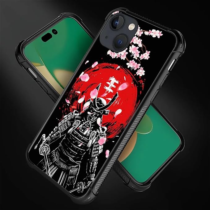 for iPhone 14 Plus Case, Sakura Japanese Samurai Pattern Graphic Design Girl Boy Soft Silicone Hard Acrylic Shock Protection for iPhone 14 Plus