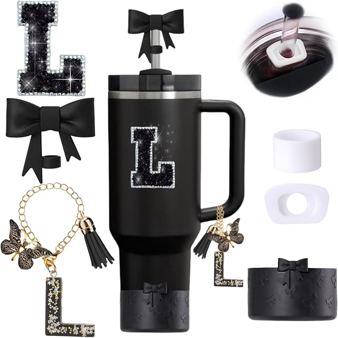 6pcs Black Stanley Cup Accessories Set, Bow Straw Topper for Stanley Cup 30oz 40oz, Including Straw Topper and Bow Silicone Boot, Stoppers Spill Proof, Handle Charm, Initials Sticker