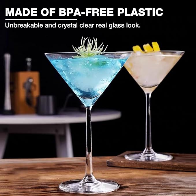 Unbreakable Martini Glasses Set of 6, 10 oz Plastic Martini Cocktail Glasses with Stem, Reusable Cocktail Glasses for Bar, Margarita, Whiskey, Gin, Tequila, BPA-Free, Top Rack Dishwasher-Safe, Clear