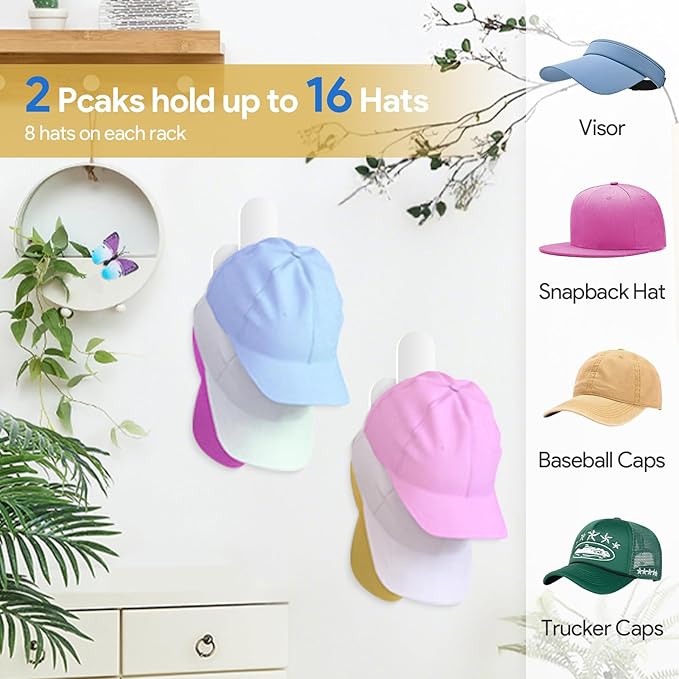 2 Pack Hat Rack for Baseball Cap,Adhesive Hat Hooks for Wall,Acrylic Hat Organizer,Sticky Clear Hat Hooks Display and Storage for Wall/Door/Closet