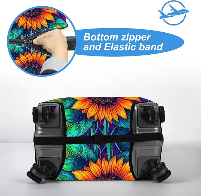 Luggage Cover Protector for 30-32 Inch Suitcases, TSA Approved Elastic Travel Suitcase Covers, Anti-Scratch Washable Luggage Sleeve for Carry On & Checked Bags, Three Sunflowers
