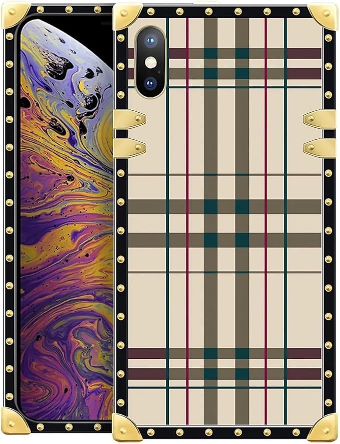 Compatible with iPhone XR Case, Black Red Beige Stripes Luxury Golden Decoration for Girl Women Soft TPU Shockproof Protective Hard PC Back for iPhone XR
