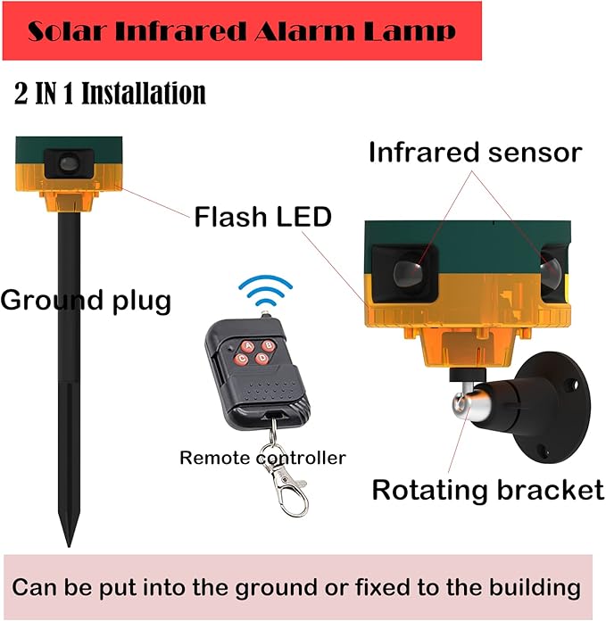2Pack Solar Sensor Security Alarm Lights Outdoor,WONFAST 360° Motion Detector LED Flashing Strobe Light Warning Lamp Built-in 13Sounds,129db Loud Siren Sound for Home Farm Barn Villa Yard (Yellow)