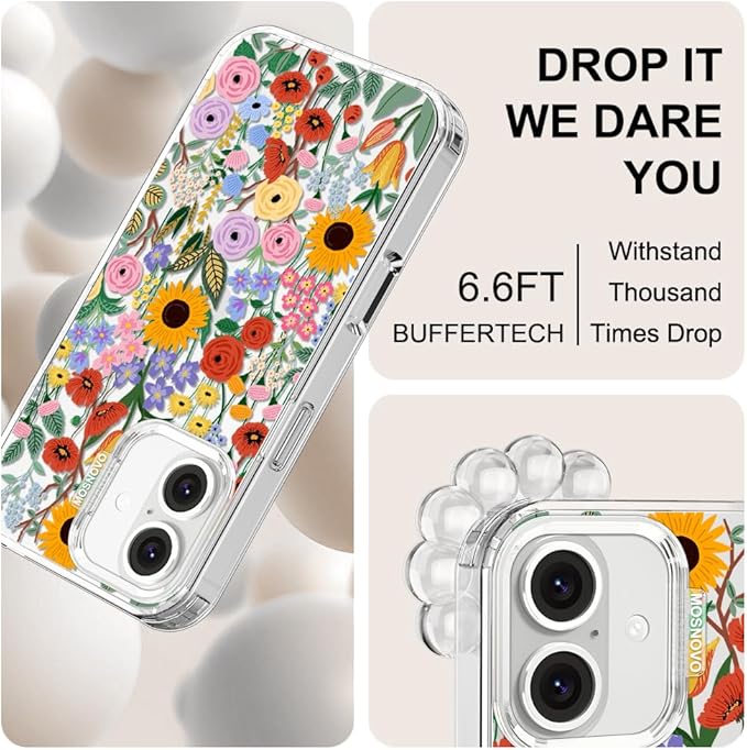 MOSNOVO Case for iPhone 16, [Buffertech 6.6ft Military-Grade Drop Protection] [Anti Peel Off Tech] Clear TPU Bumper Phone Case Cover Design - Blossom & Bloom