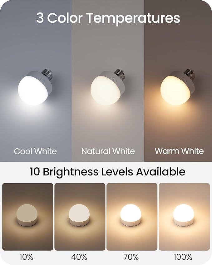 Rechargeable Light Bulbs with Remote Control 2 Packs, Battery Operated Light Bulbs with Timer & 3 Color Temperature, Detachable Wireless LED Bulb for Lamp, E26 Base, Non-Hardwired, W01YBP206