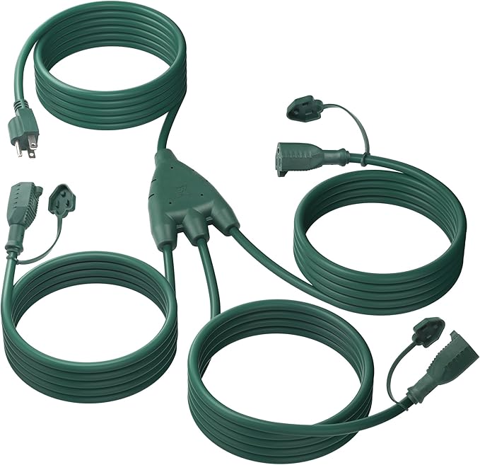 BN-LINK Outdoor Extension Cord 1 to 3 Splitter, Max 13 ft Extension(25 ft Total), Multi Outlet Power Cord, 16/3 SJTW Weatherproof for Lighting, Landscaping & Holiday Decorations, Grounded, ETL Listed