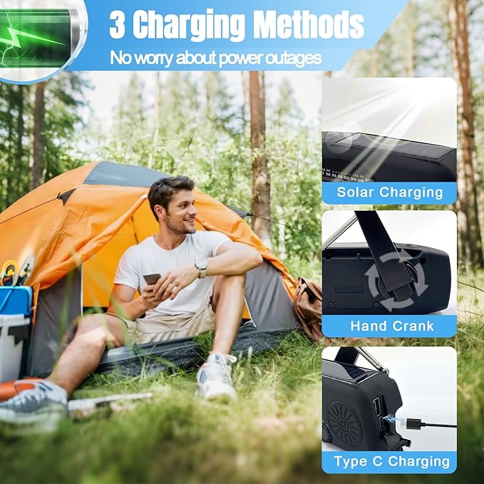 Emergency Hand Crank Weather Radio, AM/FM NOAA Portable Solar Radio with 2000mAh Battery Phone Charger, SOS Alarm & Survival Flashlight for Indoor/Outdoor, Emergency, Hurricane (Black)