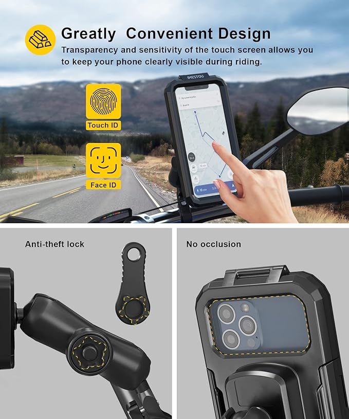 iMESTOU Anti-Theft Waterproof Motorcycle Phone Holder Bike Phone Mount 1" Ball Handlebar Stem Mobile Holder with Double Socket Arms 720° Rotation Aluminium Base for 5.5"-6.8" Cellphones (L)