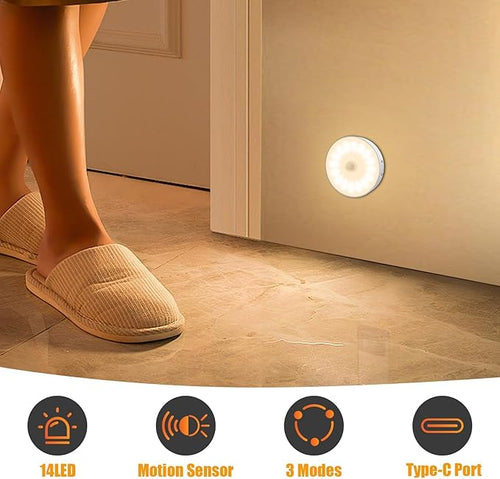 14 LEDs Motion Sensor Light Indoor, 6 Pack Upgraded Night Light USB Rechargeable, 3 Light Modes & Long Last Battery, Cordless Magnetic Nightlight for Bedroom, Closet, Hallway - Warm White