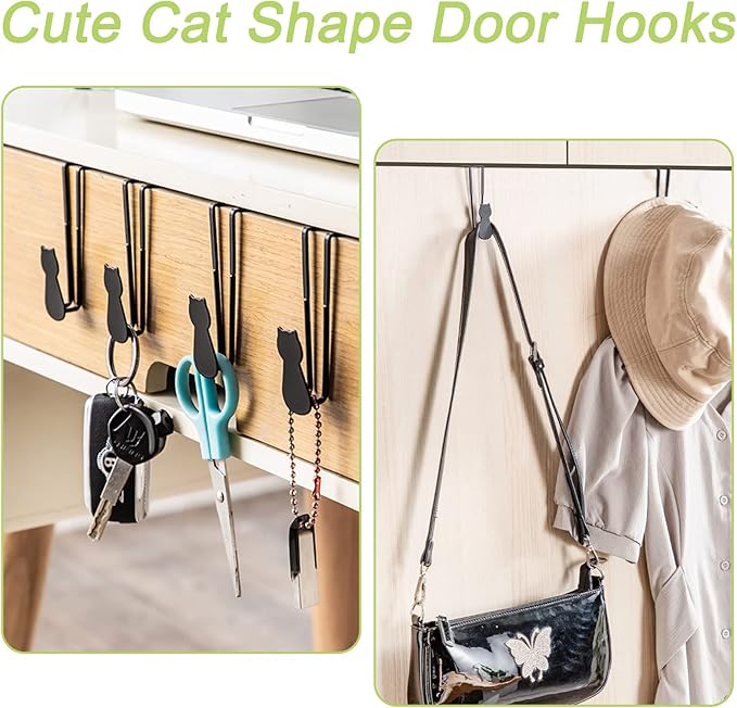 Over Cabinet Door Hooks, 6Pcs Iron Over Door Single Hooks Decorative Cat Over The Cupboard Drawer Hooks Multi-Purpose Hooks for Kitchen Bathroom Bedroom (Black)