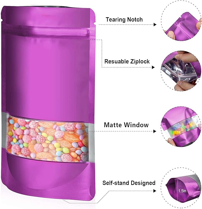 4"x6" 120pcs Mylar Bags for Food Storage,Smell Proof Bag with Matte Window Resealable Food Storage Bags for Small Business, Stand-up Foil Pouch Packaging Freeze Dried Candy Bag（Purple）