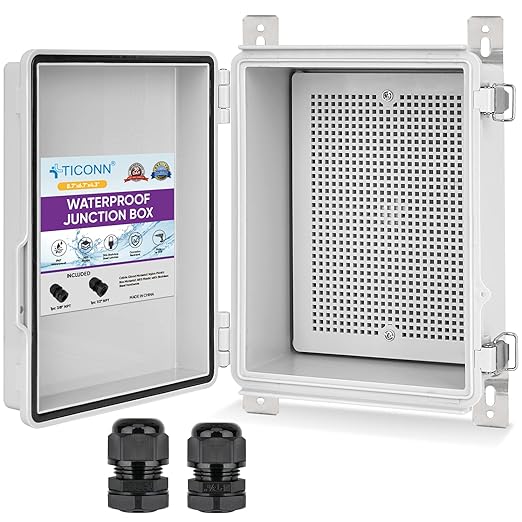 TICONN Outdoor Electrical Box Waterproof, Junction Box IP67 ABS Plastic Enclosure with Hinged Cover with Mounting Plate, Wall Brackets, Cable Glands (Off-White, 8.7"x6.7"x4.3")