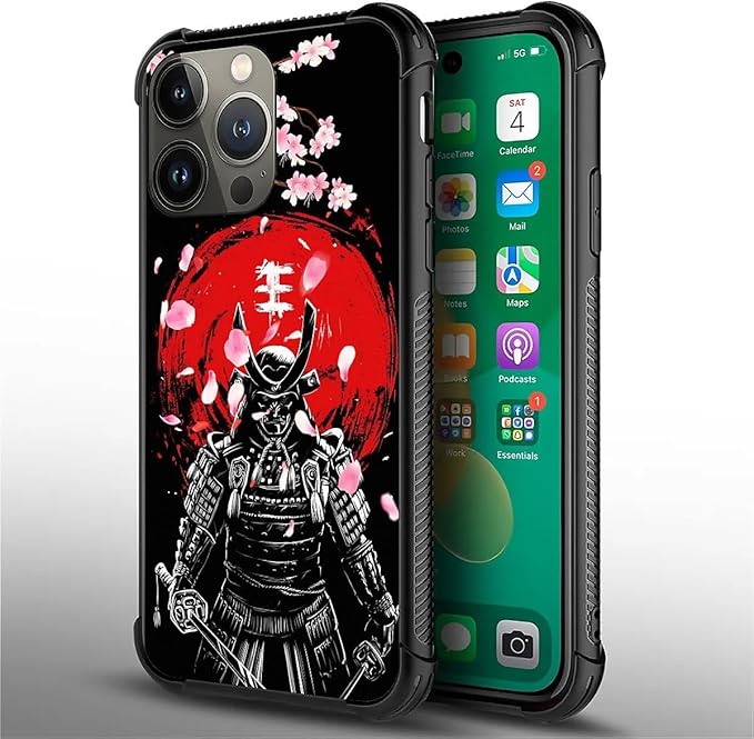 for iPhone 13 Pro Max Case, Sakura Japanese Samurai Pattern Graphic Design Girl Boy Soft Silicone Hard Acrylic Shock Protection for iPhone 13 Pro Max