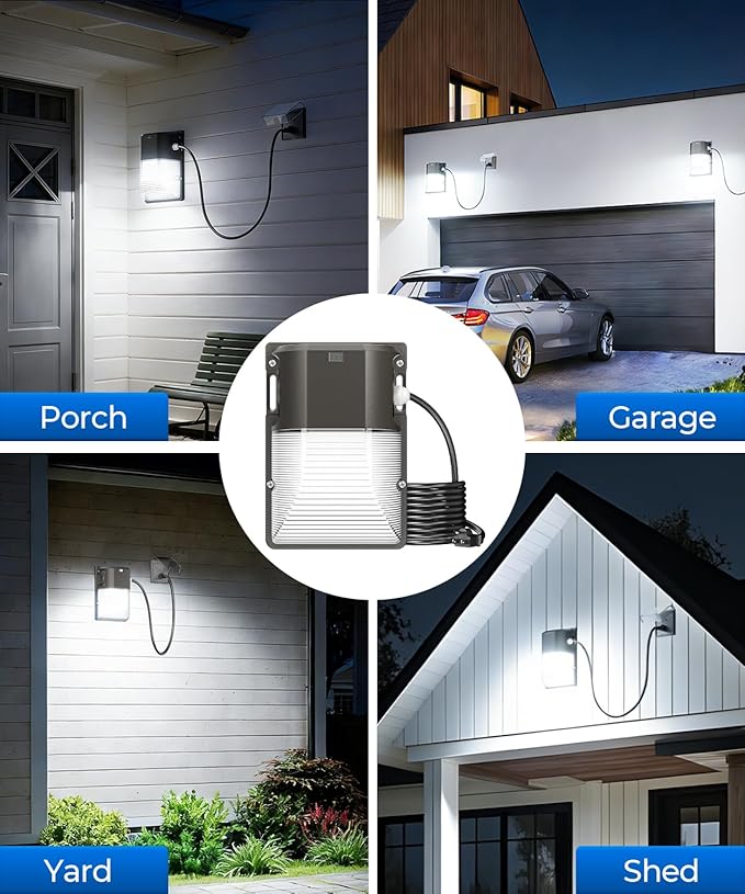CINOTON 30W Plug in LED Wall Pack Light with Dusk to Dawn Sensor, 3600LM, 5000K Daylight [120Vac] Outdoor Wall Lights IP65 Waterproof LED Security Flood Lighting for Garage Warehouse with 6Ft US-Plug