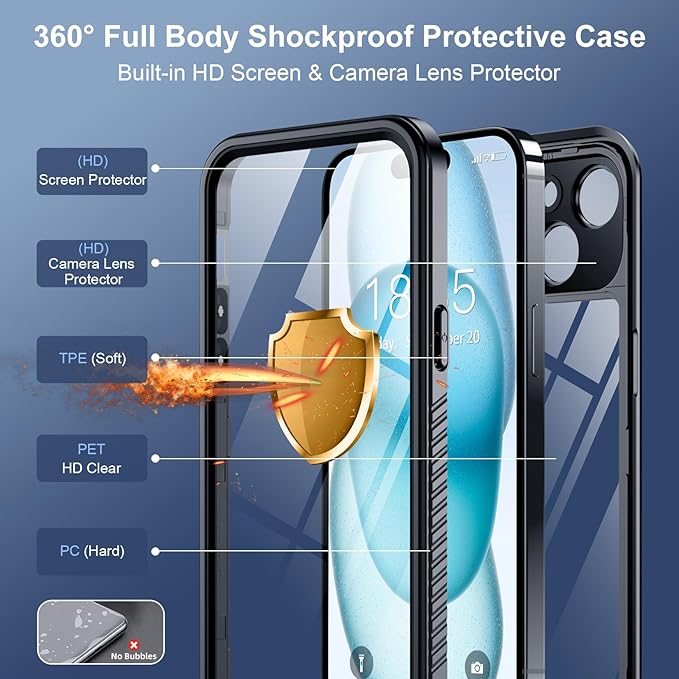 SPIDERCASE for iPhone 15 Case Waterproof, Built-in Lens & Screen Protector, Full Heavy Duty Protection, 12FT Military Shockproof, Dustproof Phone Case,Black