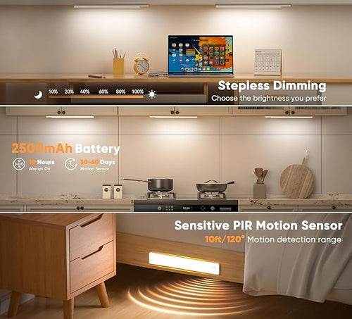 13inch Under Cabinet Lighting, 3 Color Temperatures Motion Sensor Light Indoor, USB Rechargeable Battery Operated Closet Lights, Dimmable LED Cabinet Lights, Under Counter Light for Kitchen (2 Pack)