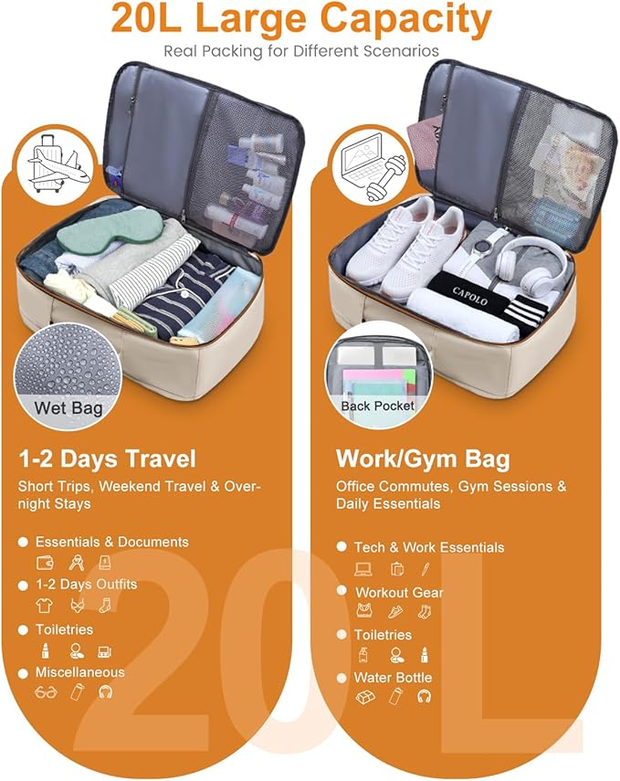 Capolo Travel Backpack for Women Men Waterproof Laptop Backpack Airlines Approved Personal Item Backpack Bag Computer Bookbag for Business, Work, Traveling Fits 15.6 Inch Laptop(Beige &Brown Zipper)