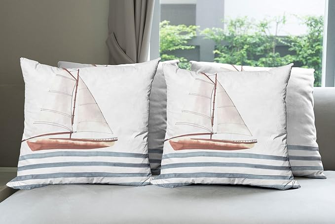 Ambesonne Nautical Throw Pillow Cushion Case Pack of 4, Let Your Dreams Sail Words with Boat in Waves Motivation Lifestyle Print, Modern Accent Double-Sided Digital Printing, 18", Cinnamon Blue