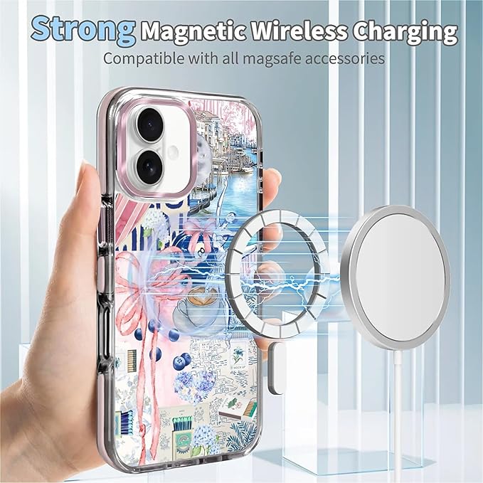 Case for iPhone 16,[Compatible with MagSafe],Pink Bow Girly Coquette Collage Phone Case Design，for Women Girls Magnetic Clear Cover - Slim, Sleek, & Shockproof Protection