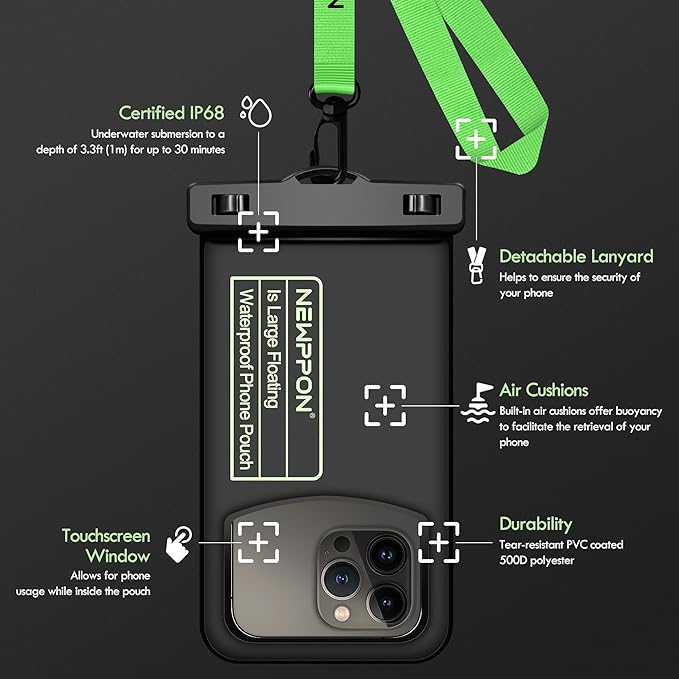 Floating Medium Waterproof Phone Pouch : 2 Pack Float Clear Cell Holder Protector with Lanyard - Universal Floatable Water Proof Dry Bag for iPhone Samsung Galaxy for Beach Swimming Pool