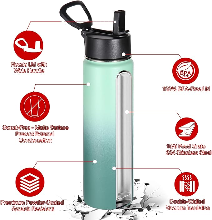 Volhoply 24oz Insulated Water Bottle With Straw Bulk 6 Pack,Metal Wide Mouth Water Bottles With Handle Lid Keep Cold,Reusable Double Wall Cups,Powder Coated Sport Bottle For Holder(Mojito,6 Count)
