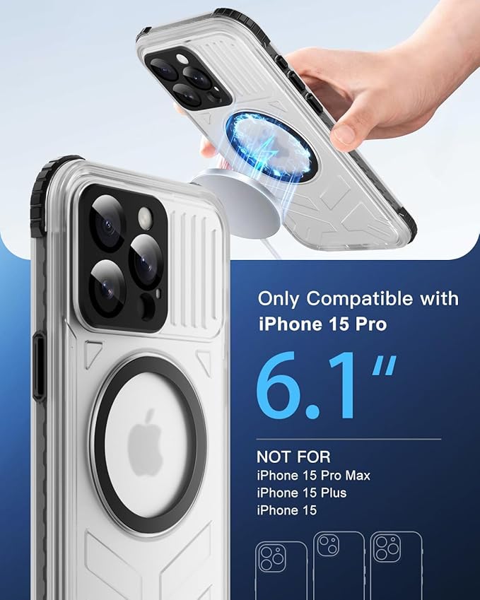 for iPhone 15 Pro Waterproof Case with Magsafe, Built-in [Camera & Screen Protector] [Lanyard], IP68 Water Proof Full Body Dustproof Heavy Duty Frosted Protective Phone Cover, 6.1" Black