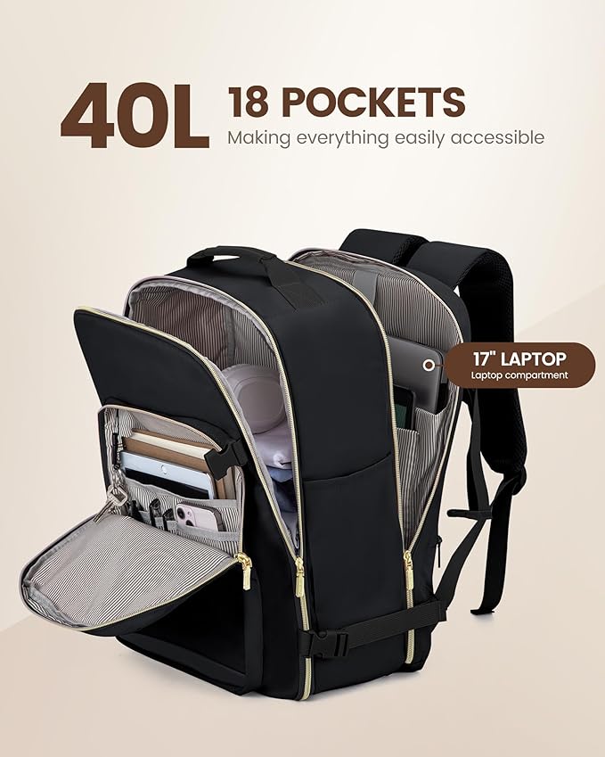 LOVEVOOK Travel Backpack for Women & Men 40L,Airline Approved Carry On Backpack Travel Essentials,TSA Carry on Luggage,Waterproof Personal Item Travel Bag,Suitcase with 3 Packing Cubes,Black-Black
