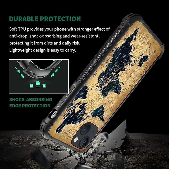 for iPhone 14 Case, Brown World Map Pattern Graphic Design Girl Boy Soft Silicone Hard Acrylic Shock Protection for iPhone 14