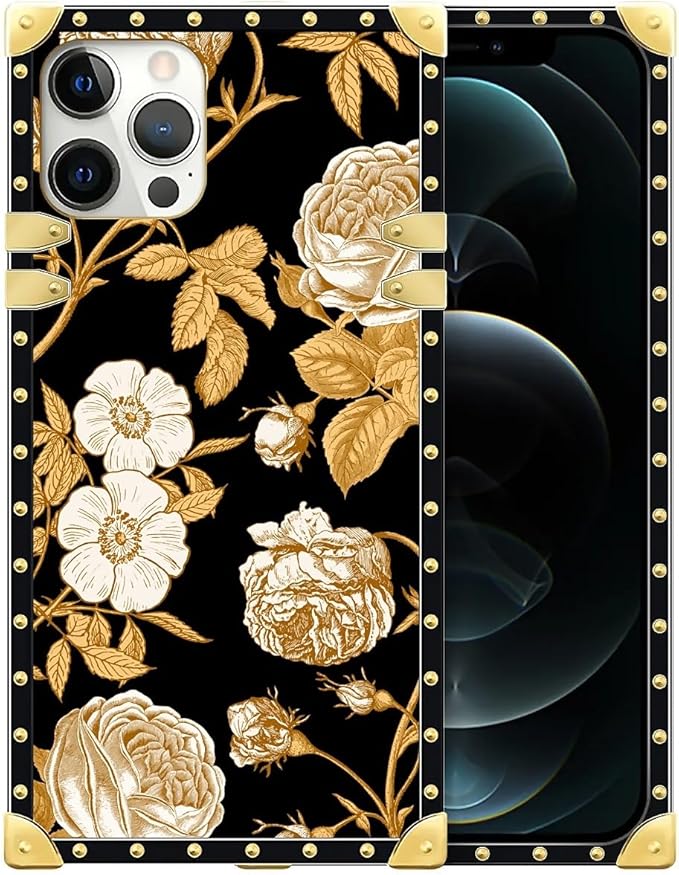 Compatible with iPhone 12 12 Pro Case, Blooming Rose Golden Flower Luxury Golden Decoration for Girl Women Soft TPU Shockproof Protective Hard PC Back for iPhone 12 12 Pro