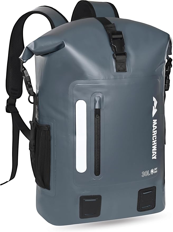 MARCHWAY Roll Top Waterproof Backpack, Floating Dry Bag 20L/30L/45L with Ergonomic Rectangular Base, Cushioned Back, Hip Strap for Hiking Camping Kayaking Travel (Grey, 30L)