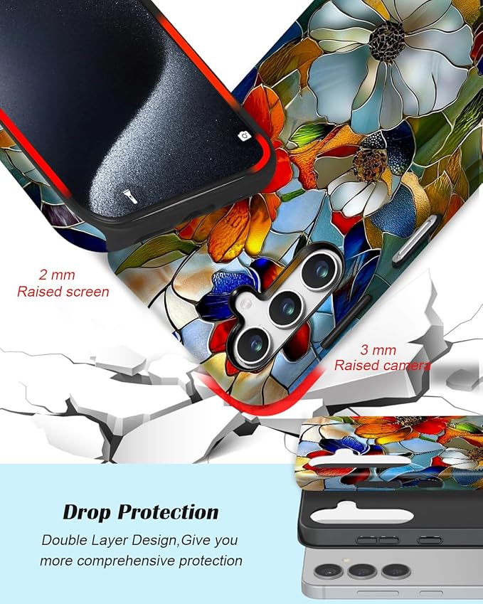 Compatible for Samsung Galaxy S25 FE 5G Case, Dual Layer Heavy Duty 2 in 1 Shockproof Protective Phone Case,Stained Glass Blooming Flowers