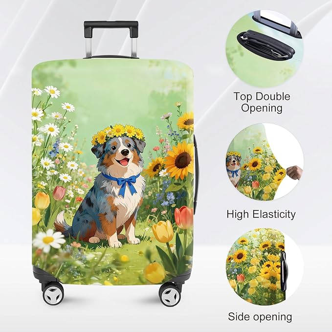 ANNA QUEEN Spring Cute Dog Travel Luggage Cover-Flower Stretchable Airplane Suitcase Protector Sleeve,Universal Washable Fit for 20-26 Inch Checked Baggage,Water Resistant Durable Luggage Protector