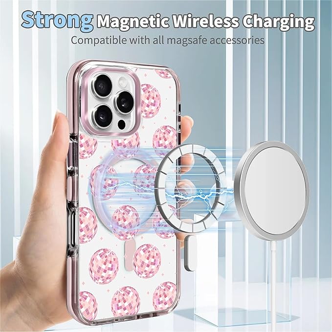 Case for iPhone 16 Pro,[Compatible with MagSafe],Disco Balls Pink Phone Case Design，for Women Girls Magnetic Clear Cover - Slim, Sleek, & Shockproof Protection