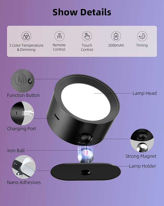 Wall Mounted Lights, 2 Pack Rechargeable RGB Color Changing Light, 3 Color Temps & Remote and Touch, 360° Rotation Dimmable Cordless for Study Bedroom Reading Bedside (Black)