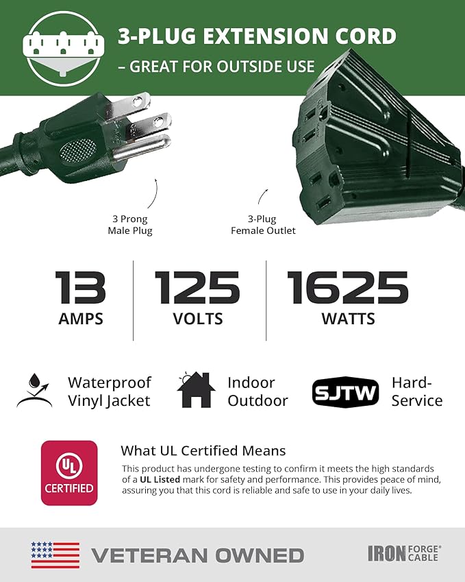 Iron Forge Cable 2 Pack 50ft Green Outdoor Extension Cord with 3 Outlets - 16/3 SJTW 50ft Extension Cord, 13 Amp All-Weather Heavy Duty Power Cable