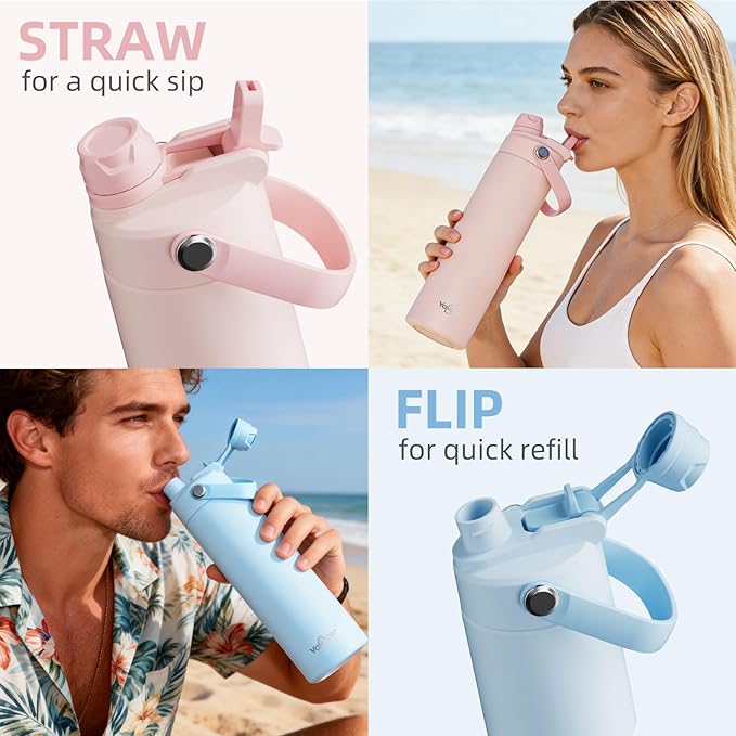 26oz Insulated Water Bottle with 2-in-1 Straw and Spout Lid, 304 Stainless Steel Water Bottle Keep Cold for 24H,Leak-Proof,Sports Water Bottle with Braided Carry Strap for Travel,Outdoors,Light Purple