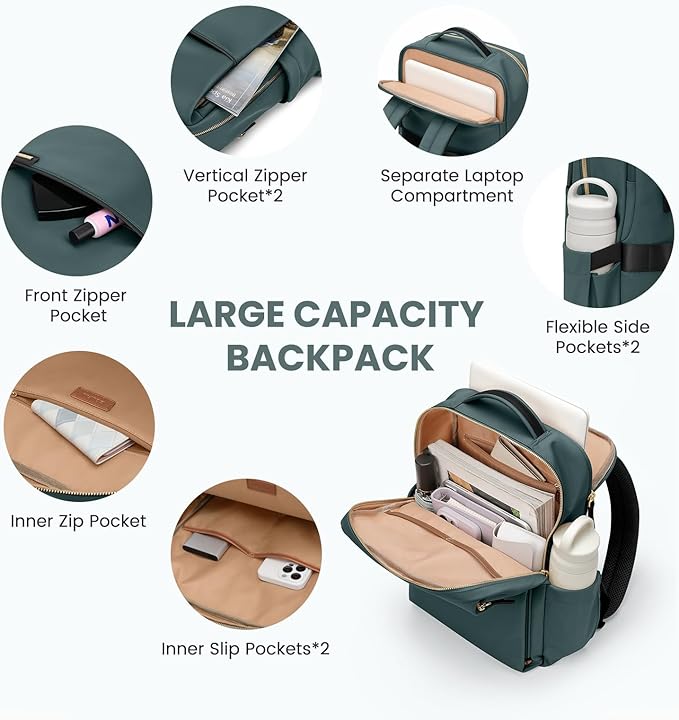 Laptop Backpack for Women, Work Business Traval Computer Backpacks with Laptop Compartment Waterproof Casual Daypack for Travel College,14Inch,DarkGreen